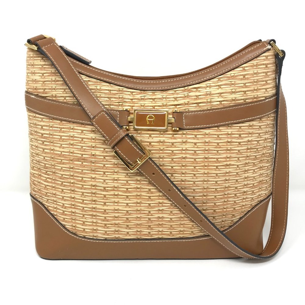 ETIENNE AIGNER Straw Woven Cognac Faux Leather Shoulder Bag